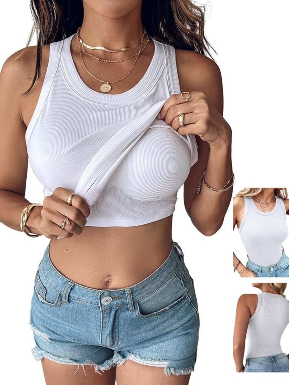 Women Built-in Bra Tank Tops Sleeveless Casual Shirts Racerback Ribbed Fitted Ta